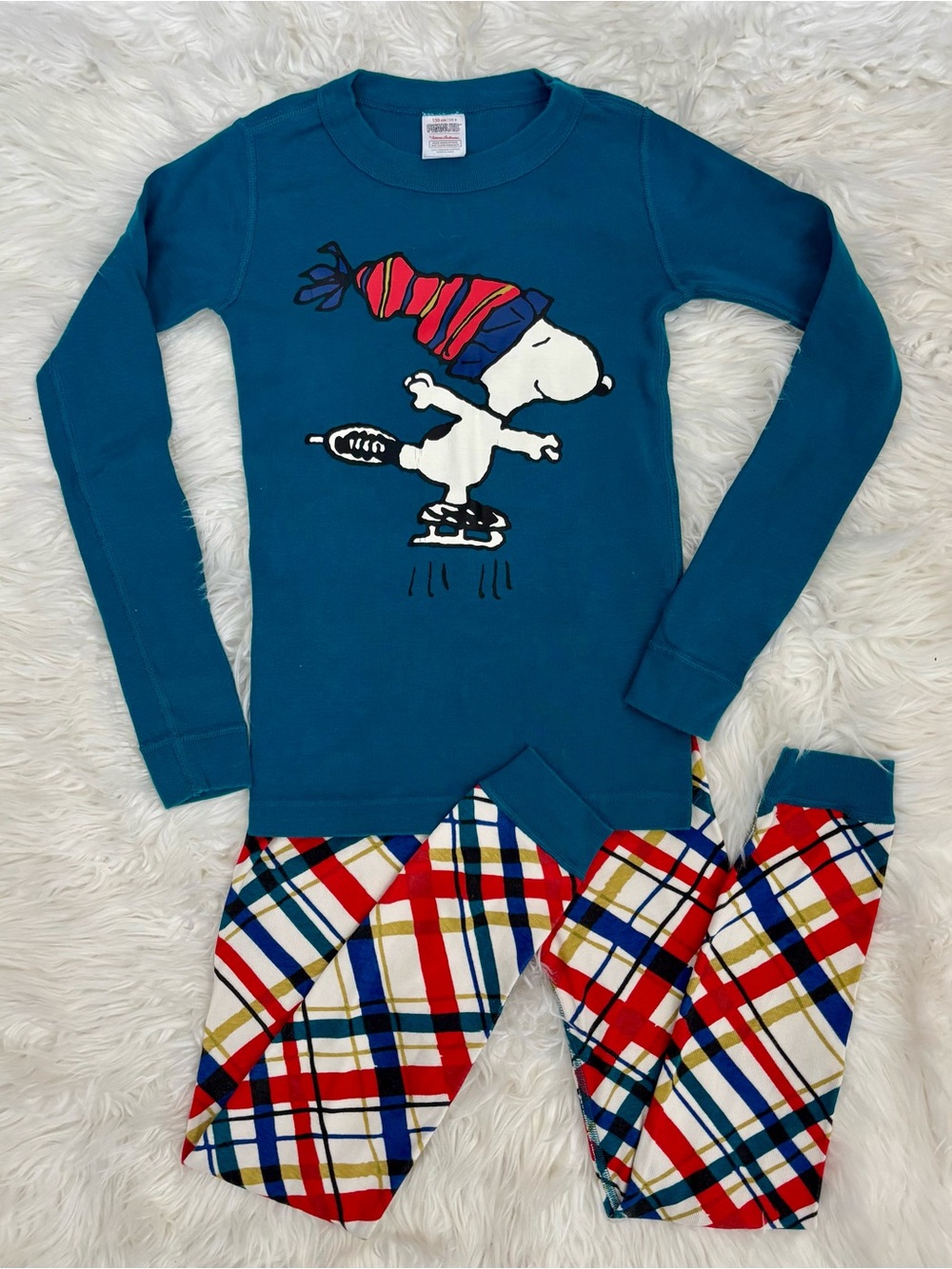 Hanna Andersson Long John Peanuts Snoopy Two Piece Pajama Set Unisex 8 Plaid